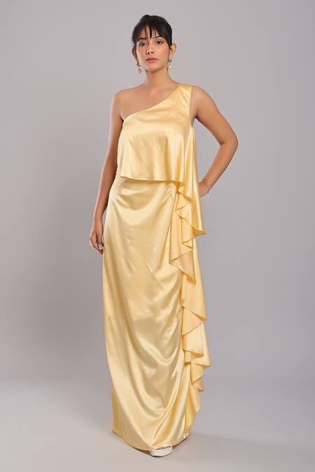 Ellemora Fashions Yellow Satin Plain Asymmetric Ruffle Layered Dress Online at Aza Fashions Ellemora Fashions_Yellow Satin Plain Asymmetric Ruffle Layered Dress _Online_at_Aza_Fashions