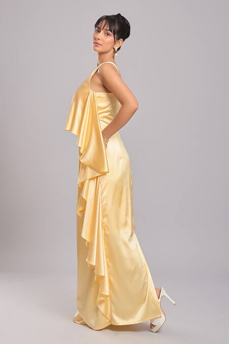 Buy Ellemora Fashions Yellow Satin Plain Asymmetric Ruffle Layered Dress Online at Aza Fashions Buy_Ellemora Fashions_Yellow Satin Plain Asymmetric Ruffle Layered Dress _Online_at_Aza_Fashions