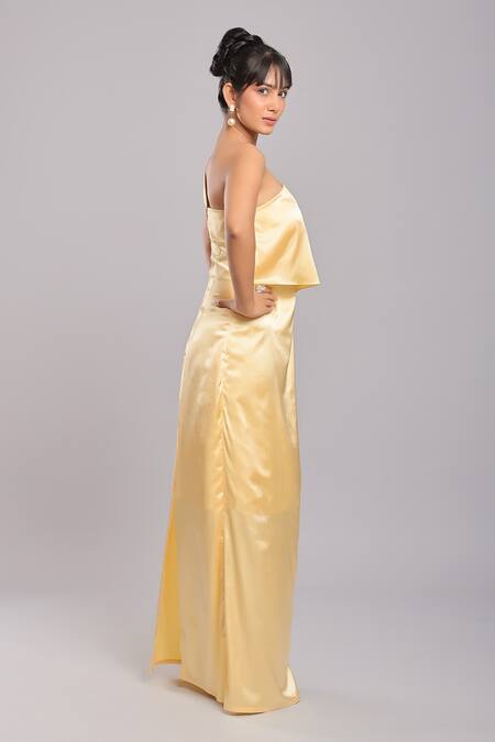 Shop Ellemora Fashions Yellow Satin Plain Asymmetric Ruffle Layered Dress Online at Aza Fashions Shop_Ellemora Fashions_Yellow Satin Plain Asymmetric Ruffle Layered Dress _Online_at_Aza_Fashions