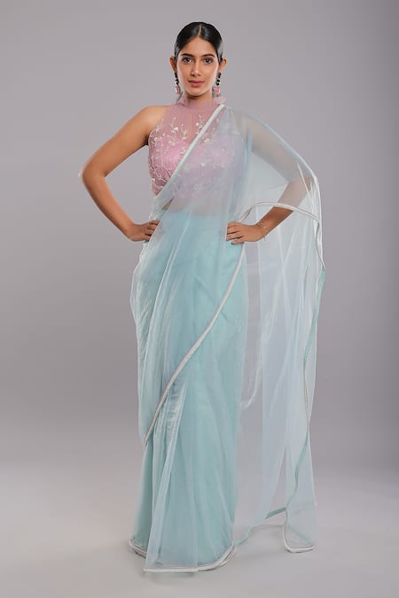 Ellemora fashions Blue Glass Tissue Embroidery Pearl Illusion Border Pre-draped Saree With Blouse
