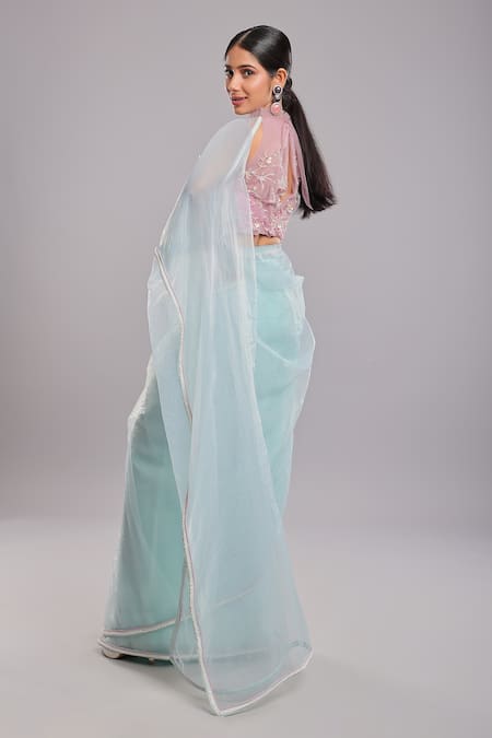 Ellemora Fashions_Blue Net, Tissue Pearls Round Border Embroidered Pre-draped Saree With Blouse _Online_at_Aza_Fashions