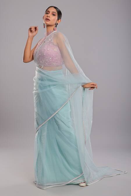 Buy_Ellemora Fashions_Blue Net, Tissue Pearls Round Border Embroidered Pre-draped Saree With Blouse _Online_at_Aza_Fashions