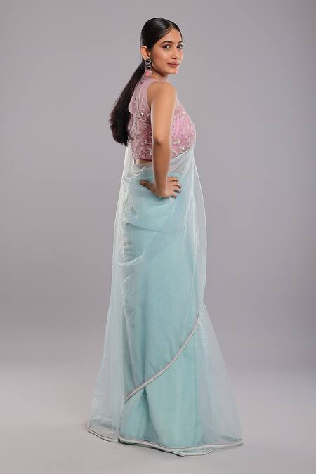 Shop_Ellemora Fashions_Blue Net, Tissue Pearls Round Border Embroidered Pre-draped Saree With Blouse _Online_at_Aza_Fashions