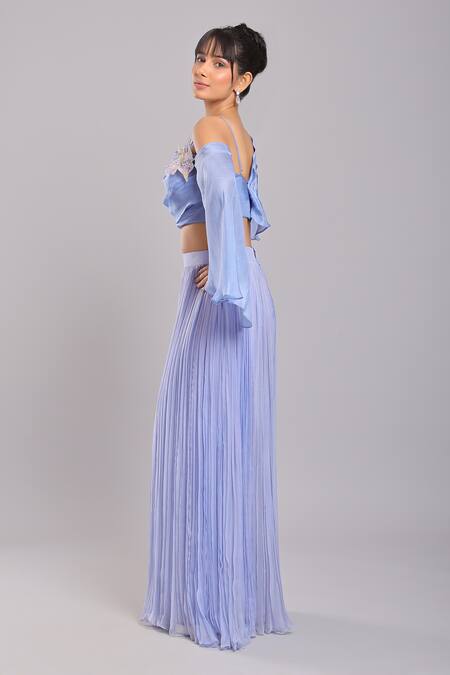 Ellemora Fashions_Blue Applique Embroidered Cape And Palazzo Set _at_Aza_Fashions