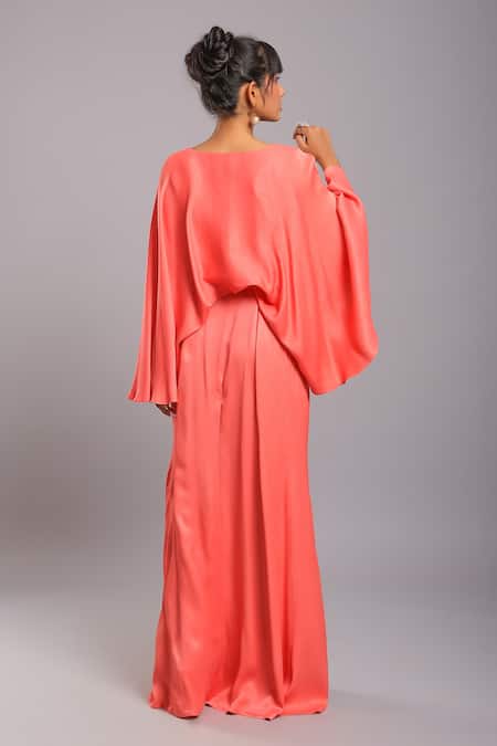 Ellemora Fashions_Coral Dull Crepe Plain Boat Neck Layered Cape And Draped Skirt Set _Online_at_Aza_Fashions