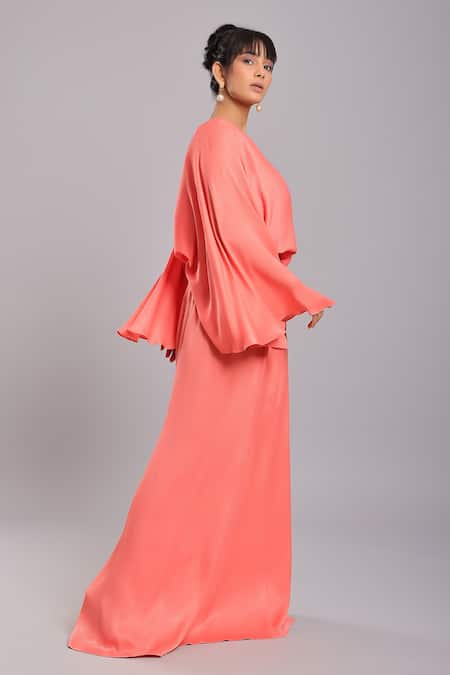 Buy_Ellemora Fashions_Coral Dull Crepe Plain Boat Neck Layered Cape And Draped Skirt Set _Online_at_Aza_Fashions