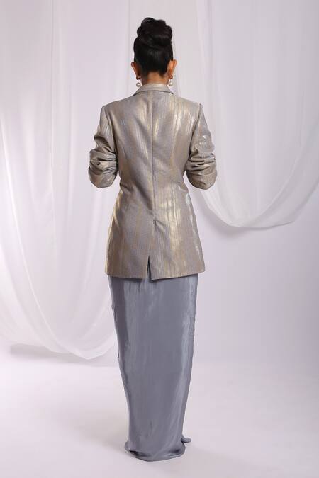 Ellemora Fashions Grey Crepe, Polyester, Silk Round Neck Twisted Blazer Draped Skirt Set Online at Aza Fashions Ellemora Fashions_Grey Crepe, Polyester, Silk Round Neck Twisted Blazer Draped Skirt Set _Online_at_Aza_Fashions