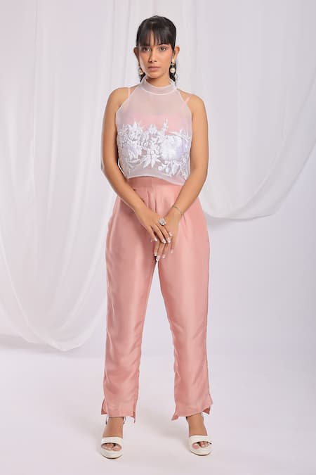 Ellemora fashions Peach Glass Tissue Embroidery Thread Round High Neck Floral Top Pant Set 