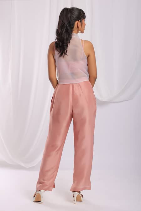 Ellemora Fashions Peach Glass Tissue Embroidery Thread Round High Neck Floral Top Pant Set Online at Aza Fashions Ellemora Fashions_Peach Glass Tissue Embroidery Thread Round High Neck Floral Top Pant Set _Online_at_Aza_Fashions