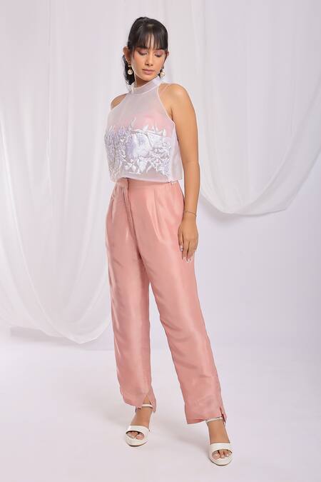 Buy Ellemora Fashions Peach Glass Tissue Embroidery Thread Round High Neck Floral Top Pant Set Online at Aza Fashions Buy_Ellemora Fashions_Peach Glass Tissue Embroidery Thread Round High Neck Floral Top Pant Set _Online_at_Aza_Fashions