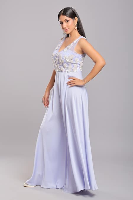 Shop Ellemora Fashions Purple Dull Crepe Embroidery Pearl Plunge V Neck Jumpsuit Online at Aza Fashions Shop_Ellemora Fashions_Purple Dull Crepe Embroidery Pearl Plunge V Neck Jumpsuit _Online_at_Aza_Fashions