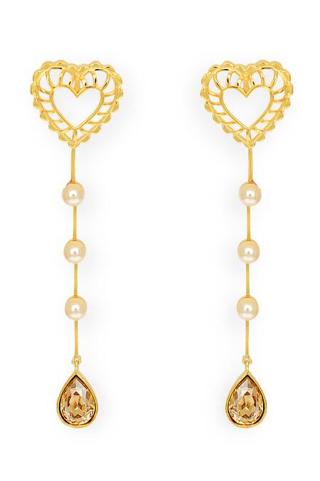 Shop Esme By Aashna Dalmia Gold Plated Smocking, Crystals Sweet Serenade Heart Carved Cutwork Earrings at Aza Fashions Shop_Esme By Aashna Dalmia_Gold Plated Smocking, Crystals Sweet Serenade Heart Carved Cutwork Earrings _at_Aza_Fashions