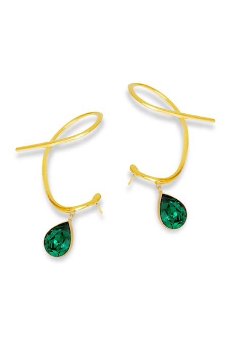 Shop_Esme By Aashna Dalmia_Emerald Green Stones Eternal Echo Tear Drop Carved Earrings _at_Aza_Fashions