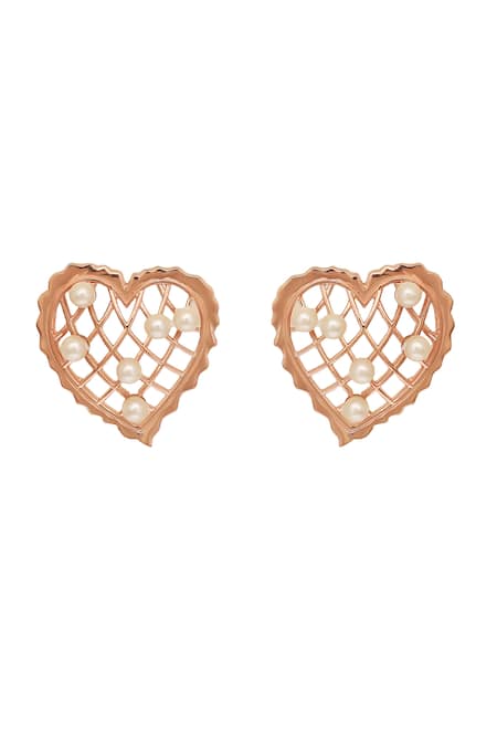 Esme By Aashna Dalmia_Rose Gold Pearls Whispering Heart Shaped Earrings _Online_at_Aza_Fashions