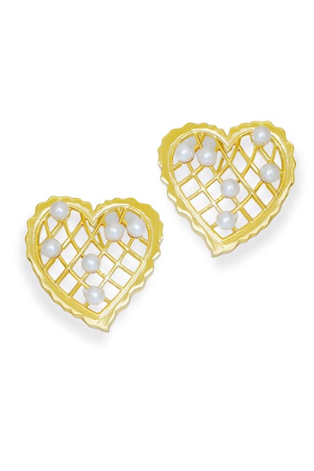 Shop Esme By Aashna Dalmia Gold Plated Pearls Whispering Heart Carved Cutwork Earrings at Aza Fashions Shop_Esme By Aashna Dalmia_Gold Plated Pearls Whispering Heart Carved Cutwork Earrings _at_Aza_Fashions