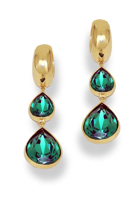 Buy_Esme By Aashna Dalmia_Emerald Green Stones Forever Yours Tear Drop Carved Earrings _Online_at_Aza_Fashions