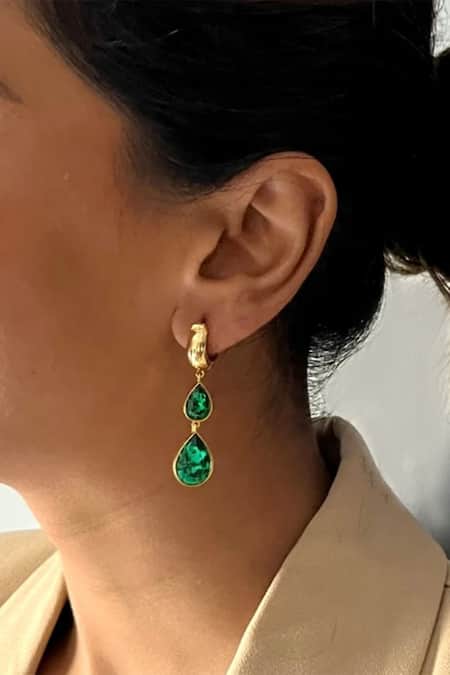Shop_Esme By Aashna Dalmia_Emerald Green Stones Forever Yours Tear Drop Carved Earrings _Online_at_Aza_Fashions