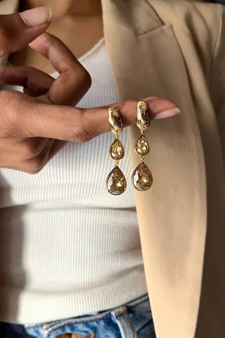 Shop_Esme By Aashna Dalmia_Gold Plated Smocking Forever Yours Pear Shaped Earrings _Online_at_Aza_Fashions