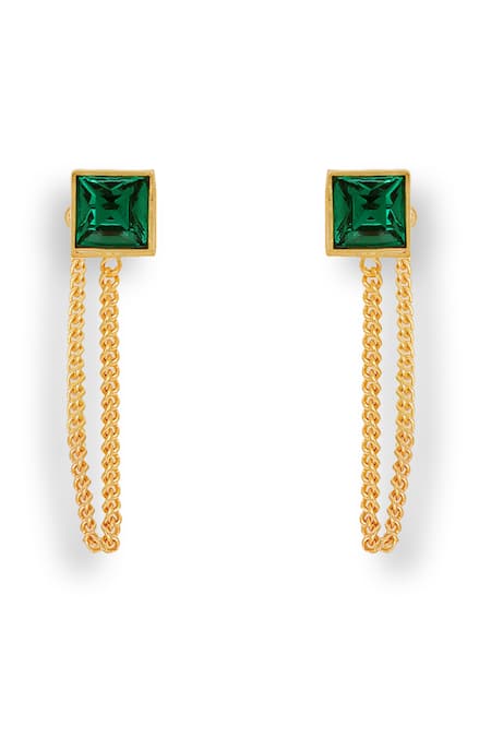 Shop Esme By Aashna Dalmia Emerald Green Stones, Crystals Velvet Veil Swarovski Studded Chain Earrings at Aza Fashions Shop_Esme By Aashna Dalmia_Emerald Green Stones, Crystals Velvet Veil Swarovski Studded Chain Earrings _at_Aza_Fashions