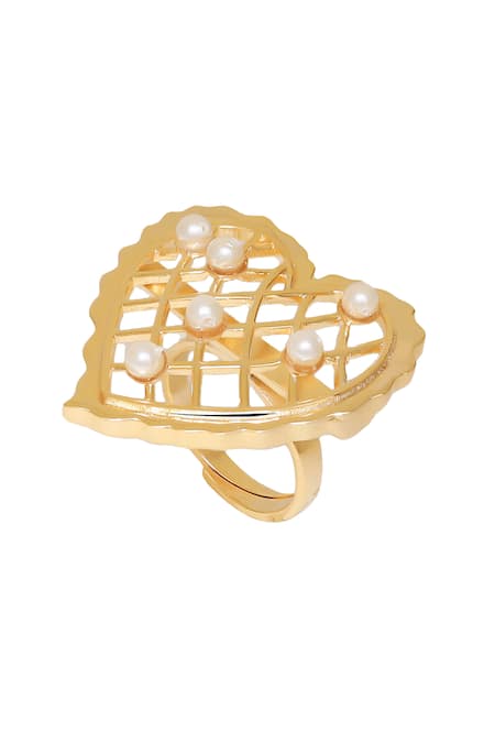 Esme By Aashna Dalmia_Gold Plated Pearls Loves Vow Heart Shaped Cutwork Ring _Online_at_Aza_Fashions