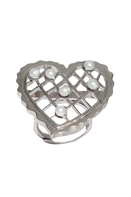 Esme by Aashna Dalmia Silver Plated Pearl Loves Vow Embellished Cutwork Ring 