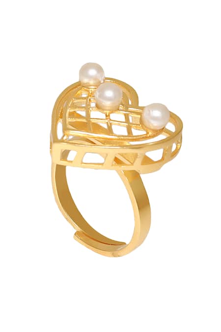 Esme By Aashna Dalmia_Gold Plated Pearls, Smocking Heartbeat Hue Embellished Ring _Online_at_Aza_Fashions