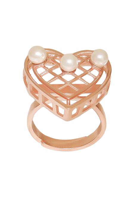 Esme By Aashna Dalmia Rose Gold Pearls, Smocking Heartbeat Hue Embellished Cutwork Ring Online at Aza Fashions Esme By Aashna Dalmia_Rose Gold Pearls, Smocking Heartbeat Hue Embellished Cutwork Ring _Online_at_Aza_Fashions