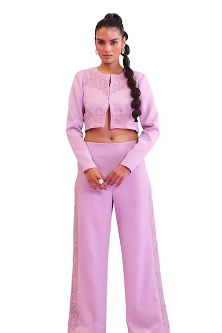 Orthodox Purple Banana Crepe Embroidered Aari Round Grove Whisper Cropped Jacket Online at Aza Fashions Orthodox_Purple Banana Crepe Embroidered Aari Round Grove Whisper Cropped Jacket _Online_at_Aza_Fashions