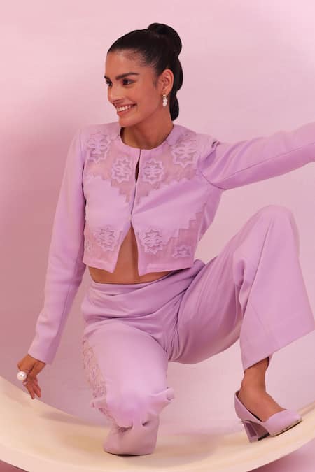 Shop Orthodox Purple Banana Crepe Embroidered Aari Round Grove Whisper Cropped Jacket Online at Aza Fashions Shop_Orthodox_Purple Banana Crepe Embroidered Aari Round Grove Whisper Cropped Jacket _Online_at_Aza_Fashions