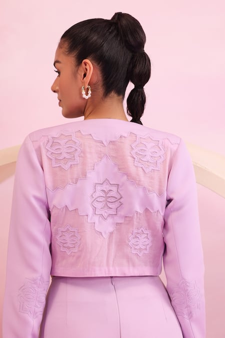 Orthodox Purple Banana Crepe Embroidered Aari Round Grove Whisper Cropped Jacket at Aza Fashions Orthodox_Purple Banana Crepe Embroidered Aari Round Grove Whisper Cropped Jacket _at_Aza_Fashions