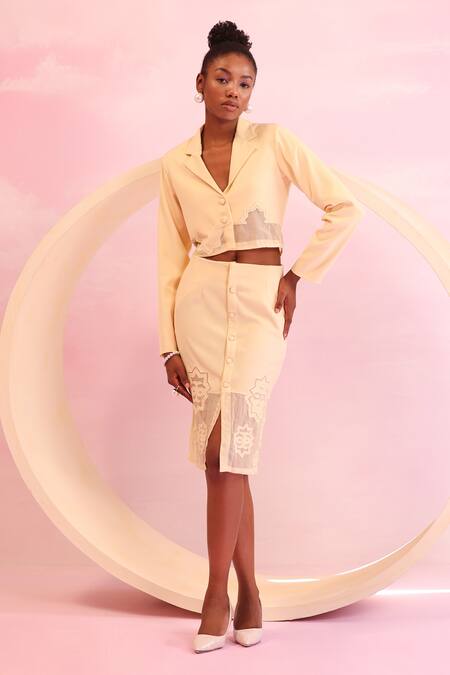 Shop_Orthodox_Yellow Banana Crepe Embroidered Aari Garden Etch Hem Pencil Skirt _Online_at_Aza_Fashions