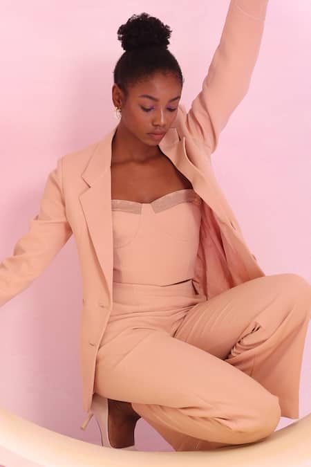 Shop Orthodox Peach Banana Crepe Solid Lapel Collar Arboreal Elegance Blazer at Aza Fashions Shop_Orthodox_Peach Banana Crepe Solid Lapel Collar Arboreal Elegance Blazer _at_Aza_Fashions