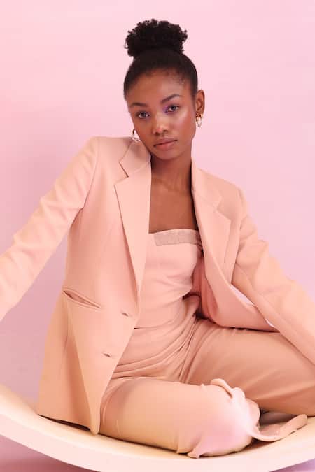 Buy Orthodox Peach Banana Crepe Solid Lapel Collar Arboreal Elegance Blazer Online at Aza Fashions Buy_Orthodox_Peach Banana Crepe Solid Lapel Collar Arboreal Elegance Blazer _Online_at_Aza_Fashions