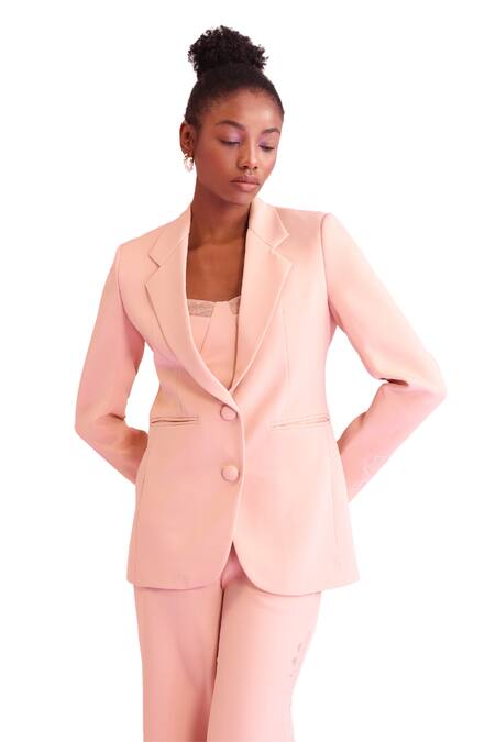 Shop Orthodox Peach Banana Crepe Solid Lapel Collar Arboreal Elegance Blazer Online at Aza Fashions Shop_Orthodox_Peach Banana Crepe Solid Lapel Collar Arboreal Elegance Blazer _Online_at_Aza_Fashions