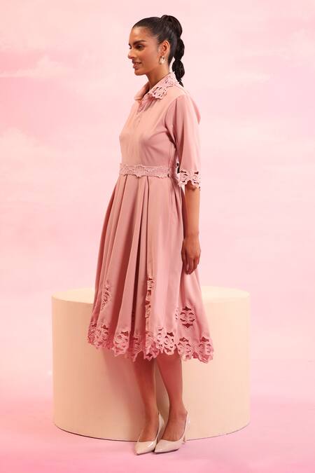 Orthodox_Pink Banana Crepe Embroidered Floral Cutwork Collar Verdant Whirl Skater Dress _Online_at_Aza_Fashions