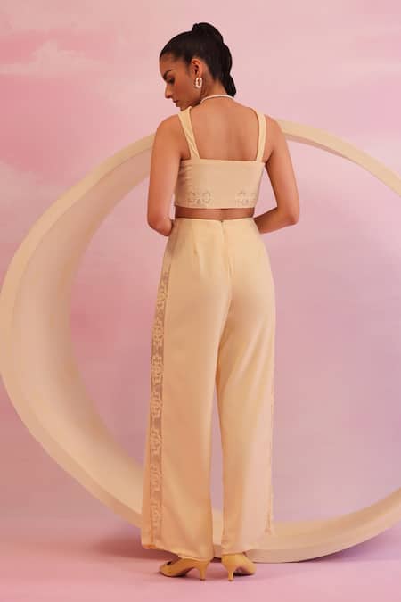 Shop Orthodox Yellow Banana Crepe Embroidered Aari Lattice Bloom Side Panels Trouser at Aza Fashions Shop_Orthodox_Yellow Banana Crepe Embroidered Aari Lattice Bloom Side Panels Trouser _at_Aza_Fashions