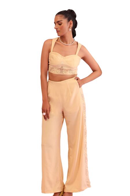 Orthodox Yellow Banana Crepe Embroidered Aari Lattice Bloom Side Panels Trouser Online at Aza Fashions Orthodox_Yellow Banana Crepe Embroidered Aari Lattice Bloom Side Panels Trouser _Online_at_Aza_Fashions