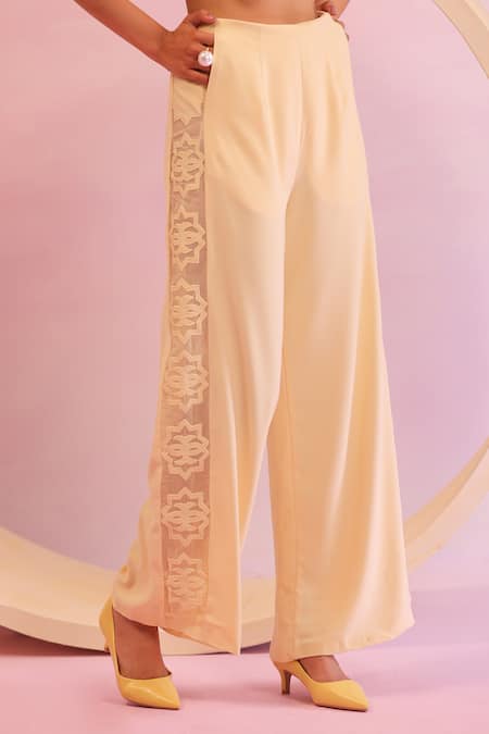 Buy Orthodox Yellow Banana Crepe Embroidered Aari Lattice Bloom Side Panels Trouser Online at Aza Fashions Buy_Orthodox_Yellow Banana Crepe Embroidered Aari Lattice Bloom Side Panels Trouser _Online_at_Aza_Fashions