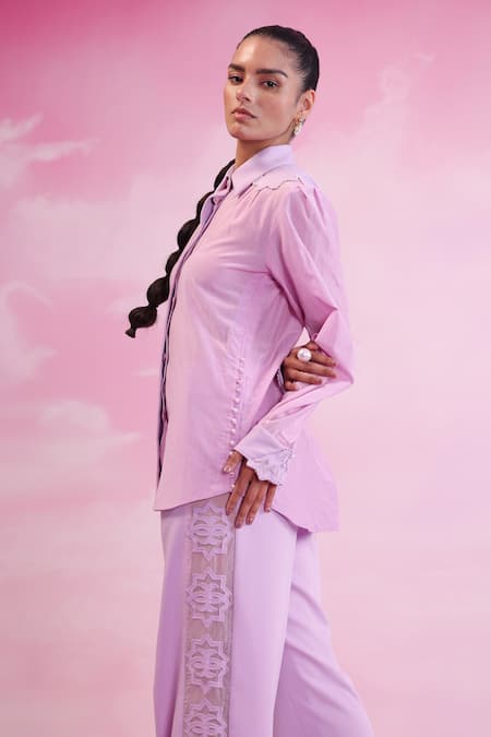 Shop_Orthodox_Purple Cotton Silk Placement Embroidered Pearls Collar Verdant Shirt _at_Aza_Fashions