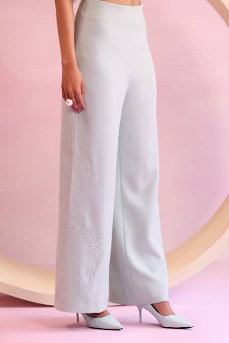 Buy Orthodox Green Banana Crepe Embroidered Aari Enchanted Groove Side Panel Trouser Online at Aza Fashions Buy_Orthodox_Green Banana Crepe Embroidered Aari Enchanted Groove Side Panel Trouser _Online_at_Aza_Fashions