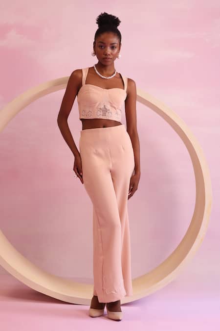Orthodox Peach Banana Crepe Aari Mystic Groove Geometric Tree Work Trouser at Aza Fashions Orthodox_Peach Banana Crepe Aari Mystic Groove Geometric Tree Work Trouser _at_Aza_Fashions