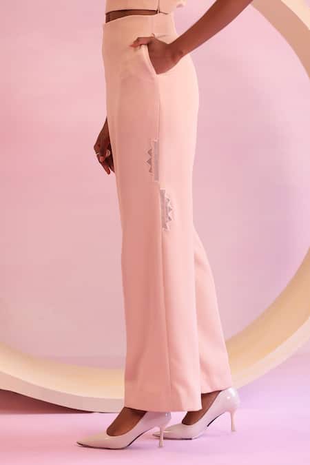 Shop Orthodox Peach Banana Crepe Aari Mystic Groove Geometric Tree Work Trouser Shop_Orthodox_Peach Banana Crepe Aari Mystic Groove Geometric Tree Work Trouser