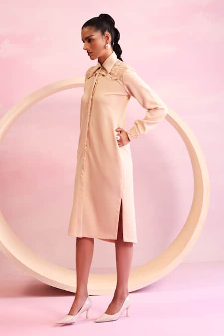 Shop_Orthodox_Yellow Crepe Beads, Zari Collared Sylvan Muse Cut-out Detailed Shoulder Dress _at_Aza_Fashions