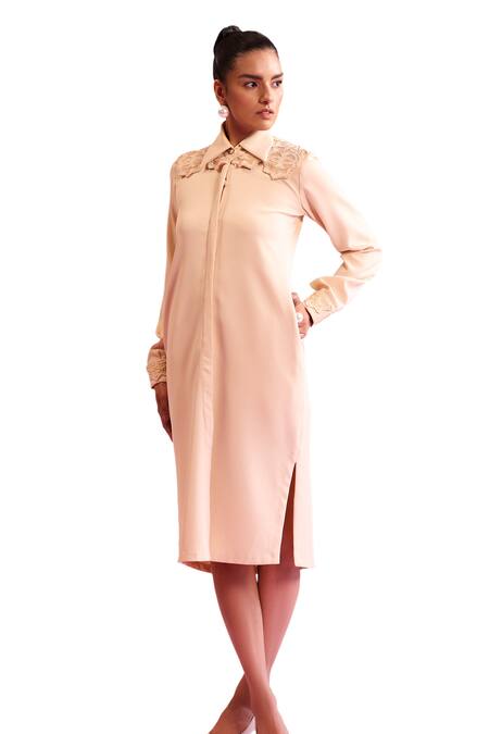 Orthodox_Yellow Crepe Beads, Zari Collared Sylvan Muse Cut-out Detailed Shoulder Dress _Online_at_Aza_Fashions