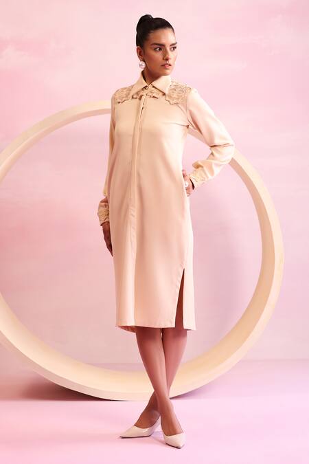 Buy_Orthodox_Yellow Crepe Beads, Zari Collared Sylvan Muse Cut-out Detailed Shoulder Dress _Online_at_Aza_Fashions