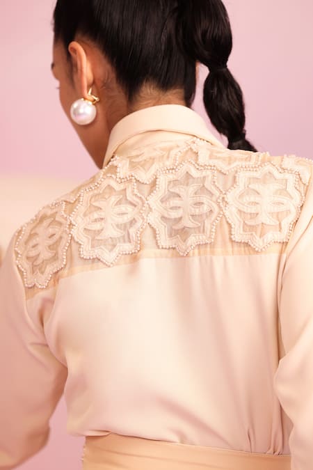 Buy_Orthodox_Yellow Crepe Beads, Zari Collared Sylvan Muse Cut-out Detailed Shoulder Dress 