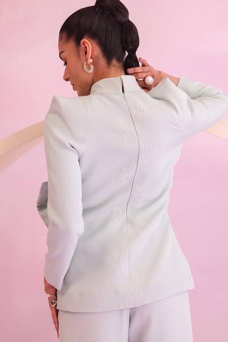 Shop Orthodox Green Banana Crepe Aari High Neck Petal Bow Drape Detailed Top at Aza Fashions Shop_Orthodox_Green Banana Crepe Aari High Neck Petal Bow Drape Detailed Top _at_Aza_Fashions