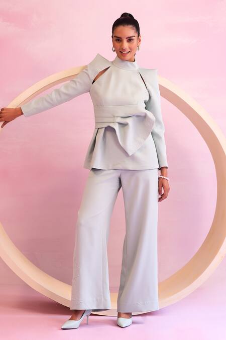 Orthodox Green Banana Crepe Aari High Neck Petal Bow Drape Detailed Top Online at Aza Fashions Orthodox_Green Banana Crepe Aari High Neck Petal Bow Drape Detailed Top _Online_at_Aza_Fashions