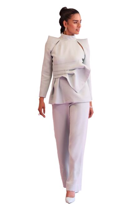 Buy Orthodox Green Banana Crepe Aari High Neck Petal Bow Drape Detailed Top Online at Aza Fashions Buy_Orthodox_Green Banana Crepe Aari High Neck Petal Bow Drape Detailed Top _Online_at_Aza_Fashions