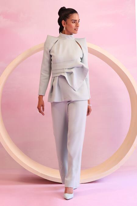 Shop Orthodox Green Banana Crepe Aari High Neck Petal Bow Drape Detailed Top Online at Aza Fashions Shop_Orthodox_Green Banana Crepe Aari High Neck Petal Bow Drape Detailed Top _Online_at_Aza_Fashions